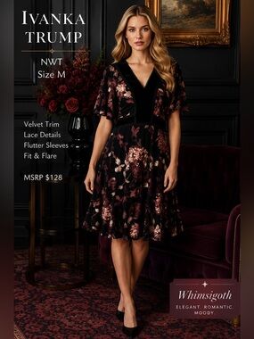 Ivanka Trump NWT Velvet Trim Floral Cocktail Dress Whimsigoth Goth Glam M
